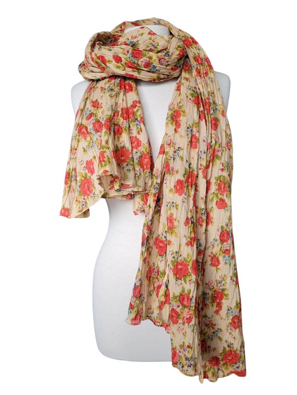 Ikks Cottagecore Roses Cotton Crinkle Scarf French Designer Large Red Beige